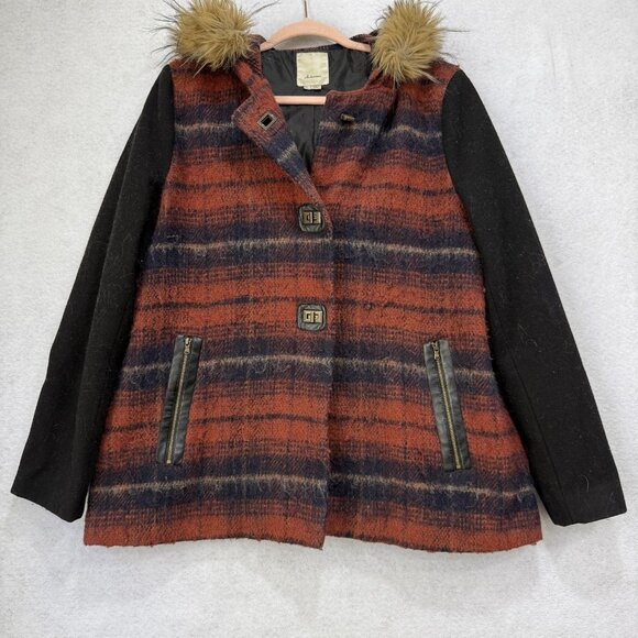 Elevenses Coat Womens Large Rust Black Plaid Hood Faux Fur Wool Blend Lined - Picture 1 of 11
